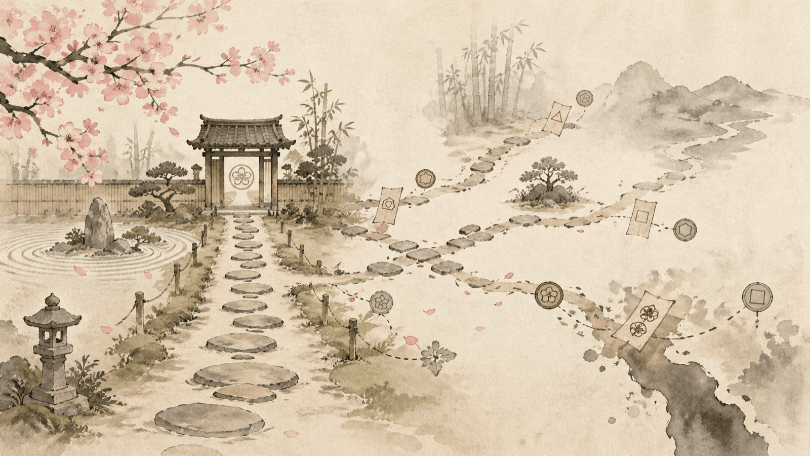 A watercolor zen garden where a tidy stone path leads to a serene gate, but branching trails wander off across the scene past charms and seals into a darker ink-washed landscape, depicting agents drifting beyond their intended scope.