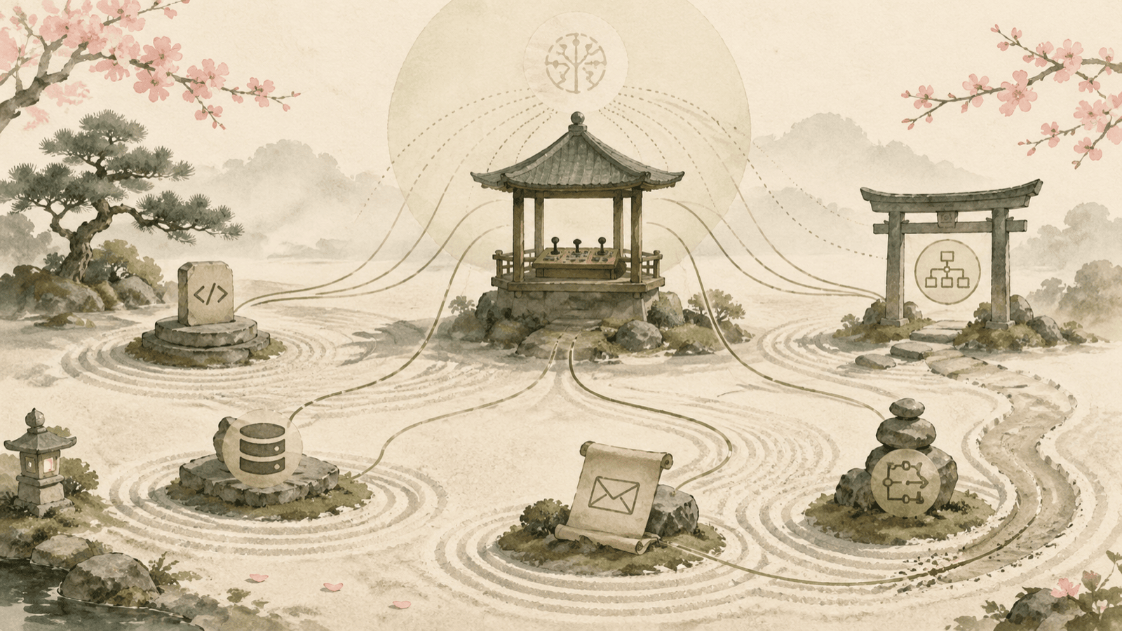 A watercolor zen garden where a central pavilion holds a control panel, with threads radiating outward to a code stele, a database, a scroll-letter, and a workflow shrine, depicting an AI agent issuing write actions across production systems.