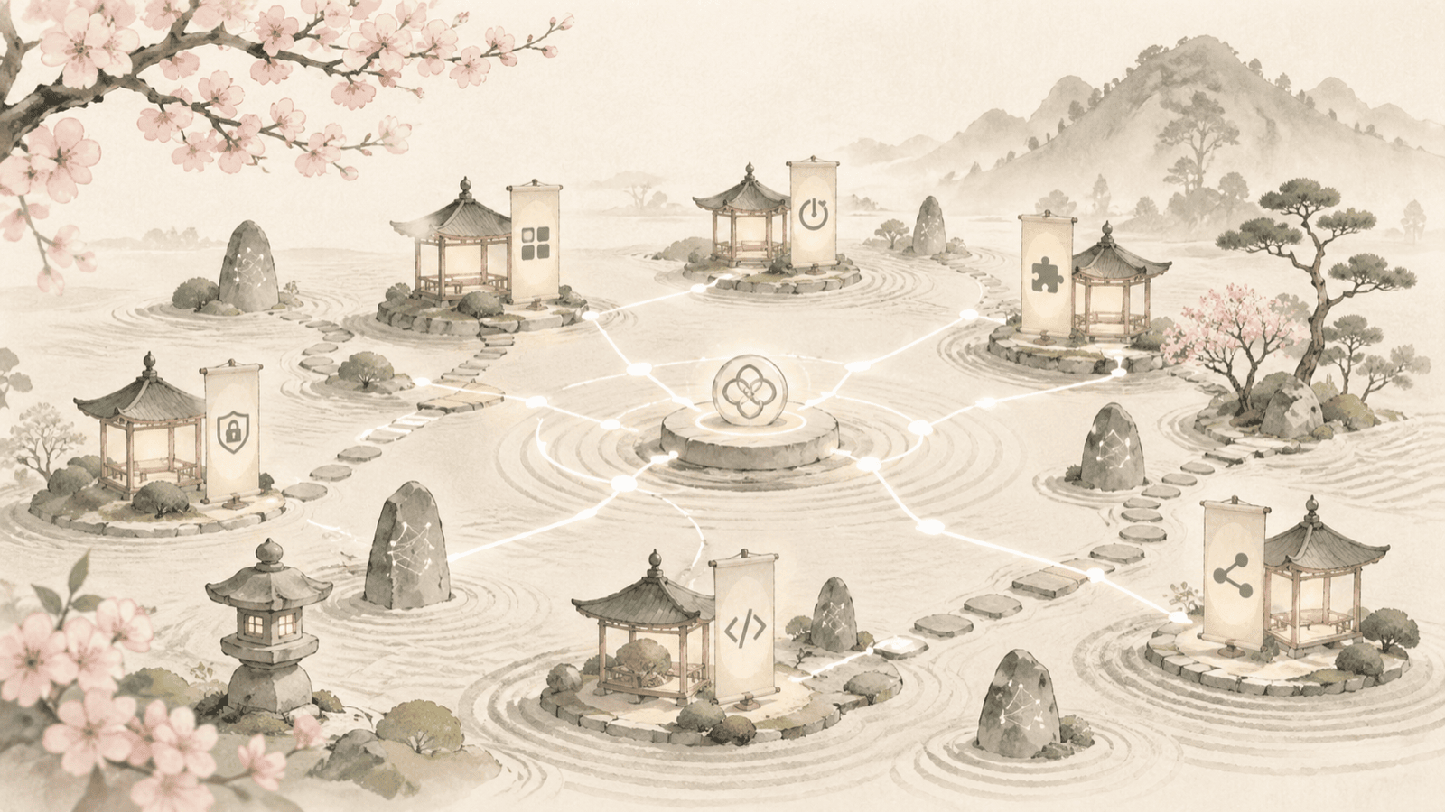 Watercolor map of small island shrines connected by glowing paths to a central seal, a visual metaphor for every app, grant, extension, and plugin mapped into one inventory.