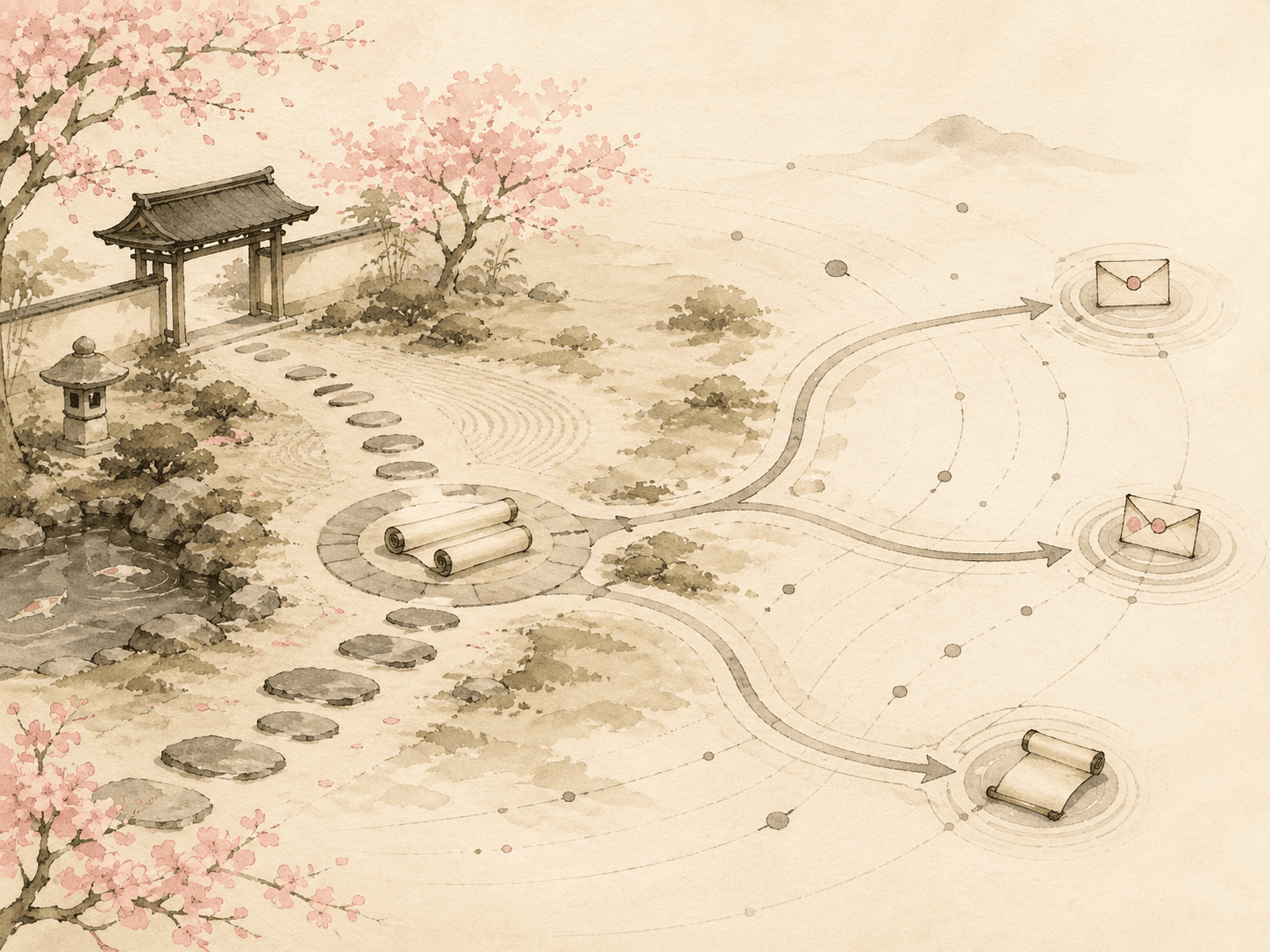 Watercolor scene of a temple gate, koi pond, and stepping stones leading to a circle of scrolls, with arrows tracing outward to letter envelopes and another scroll, a metaphor for outbound shares and email activity correlated with employee behavior.