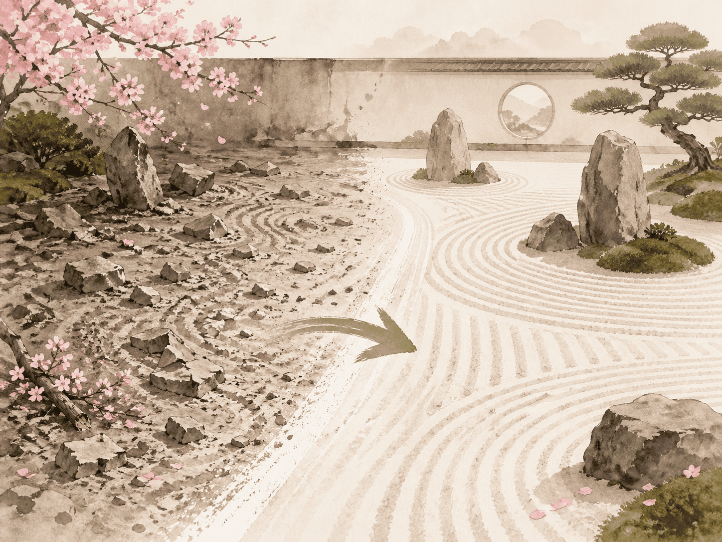 Watercolor zen garden split between scattered rocks and clean raked sand, with a green arrow sweeping from chaos into calm, a metaphor for direct remediation that resolves Risk in one motion.