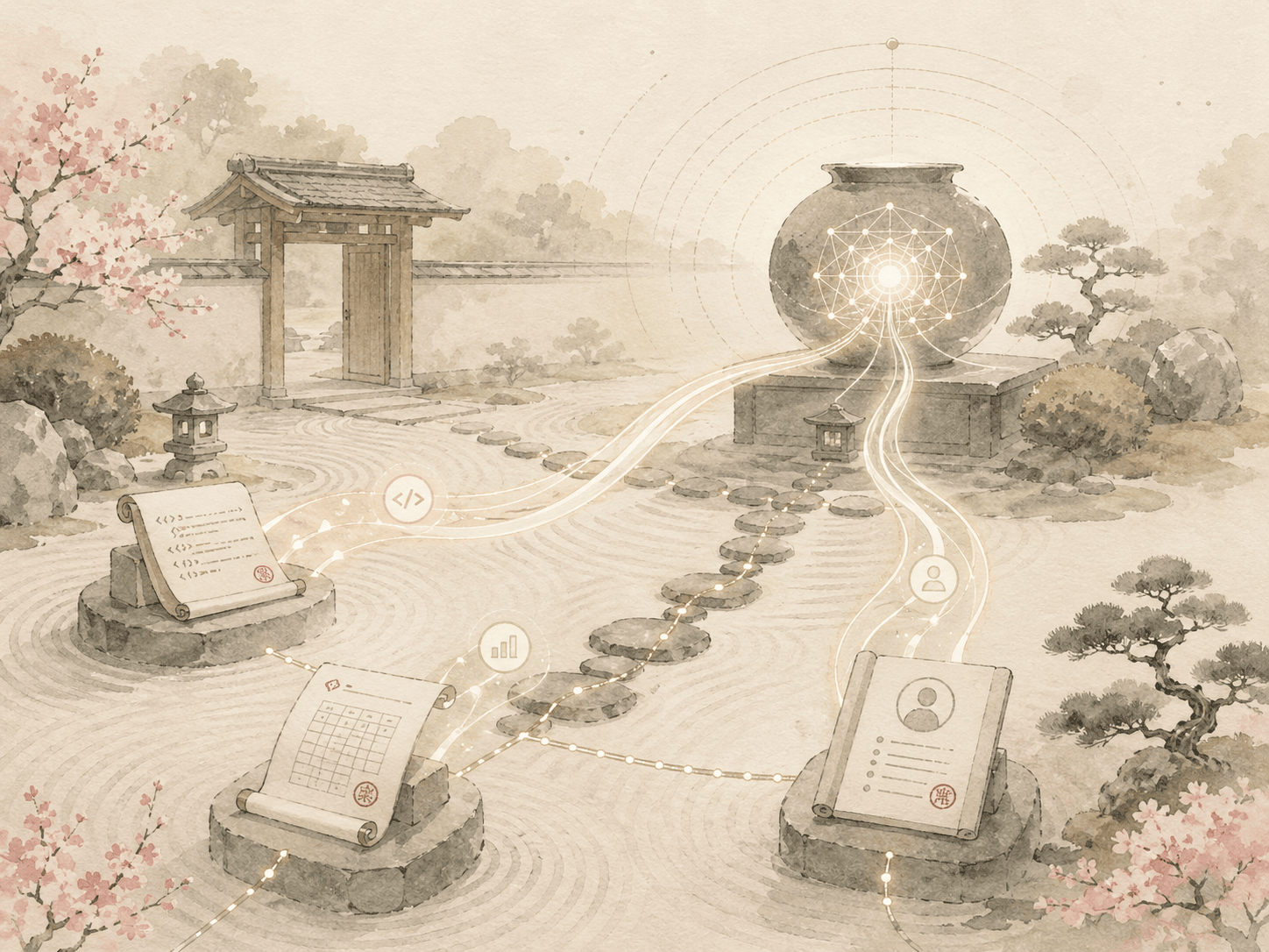 A watercolor zen garden where scrolls of code, spreadsheets, and personnel records sit on stone pedestals, with luminous threads pulling their data toward a glowing vessel, depicting organizational data being drawn into AI systems.