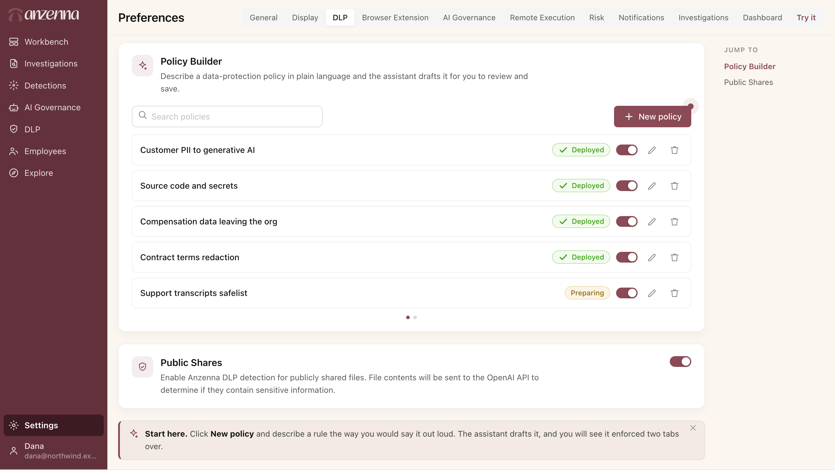Anzenna Policy Builder — data-protection policies written in plain language, with deployment toggles
